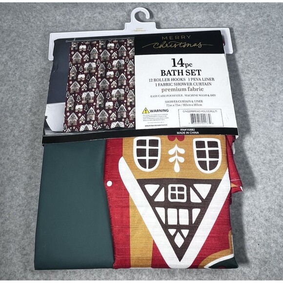 Merry Christmas 14pc Bath‎ Set Shower Curtain Liner Hooks Gingerbread House New - Picture 3 of 3